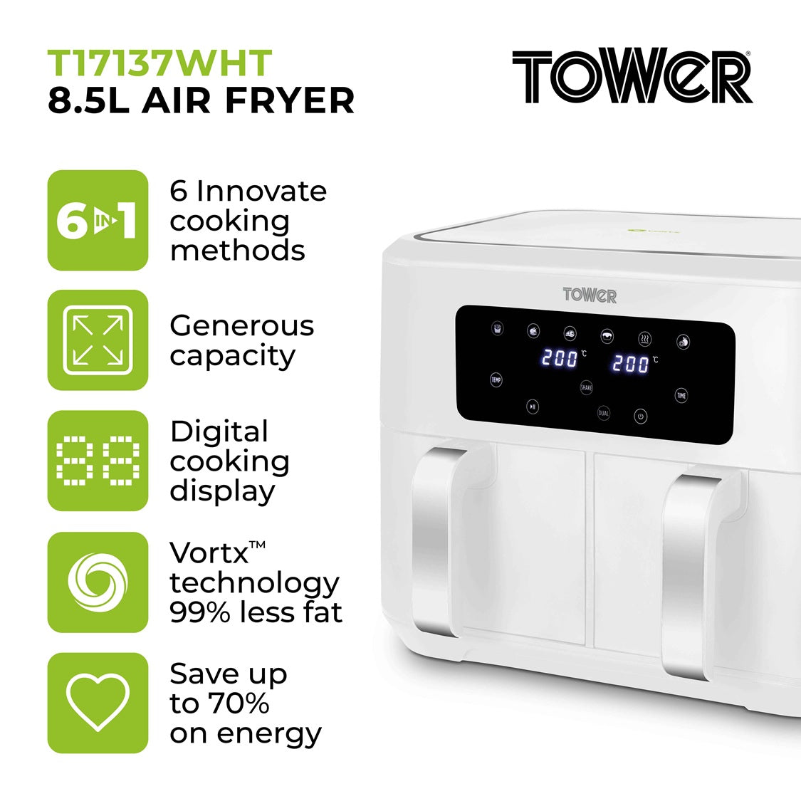 Tower Vortx T17137WHT 8.5L Digital Dual Basket Air Fryer White/Silver