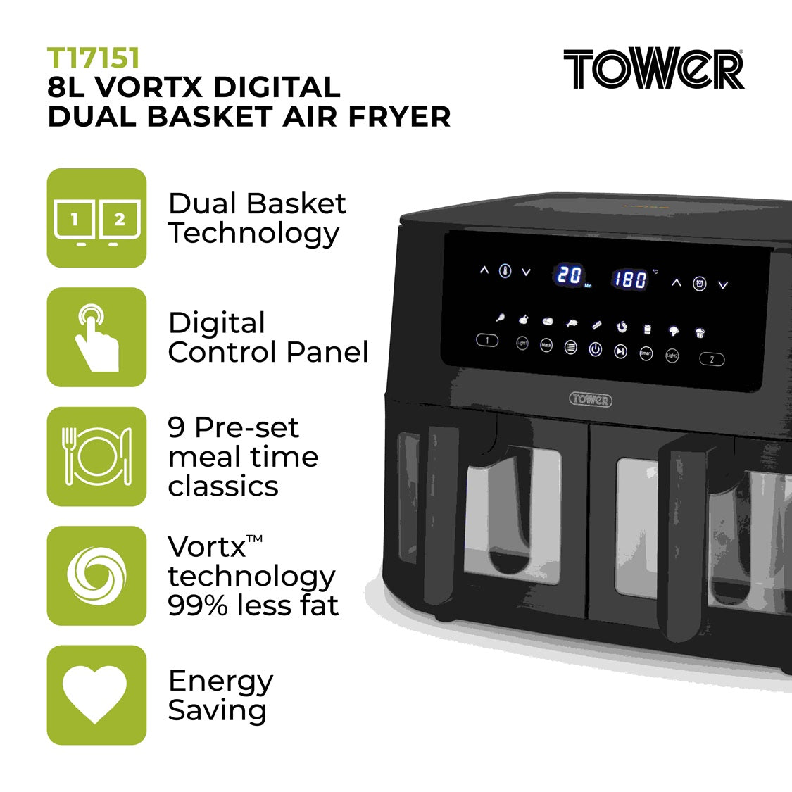 Tower Vortx Vizion T17151 8.0L Dual Basket Air Fryer Black