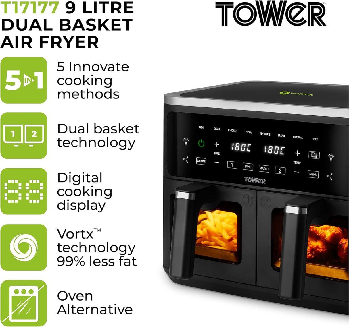Tower Vortx Vizion T17177 9.0L Digital Dual Basket Air Fryer Black