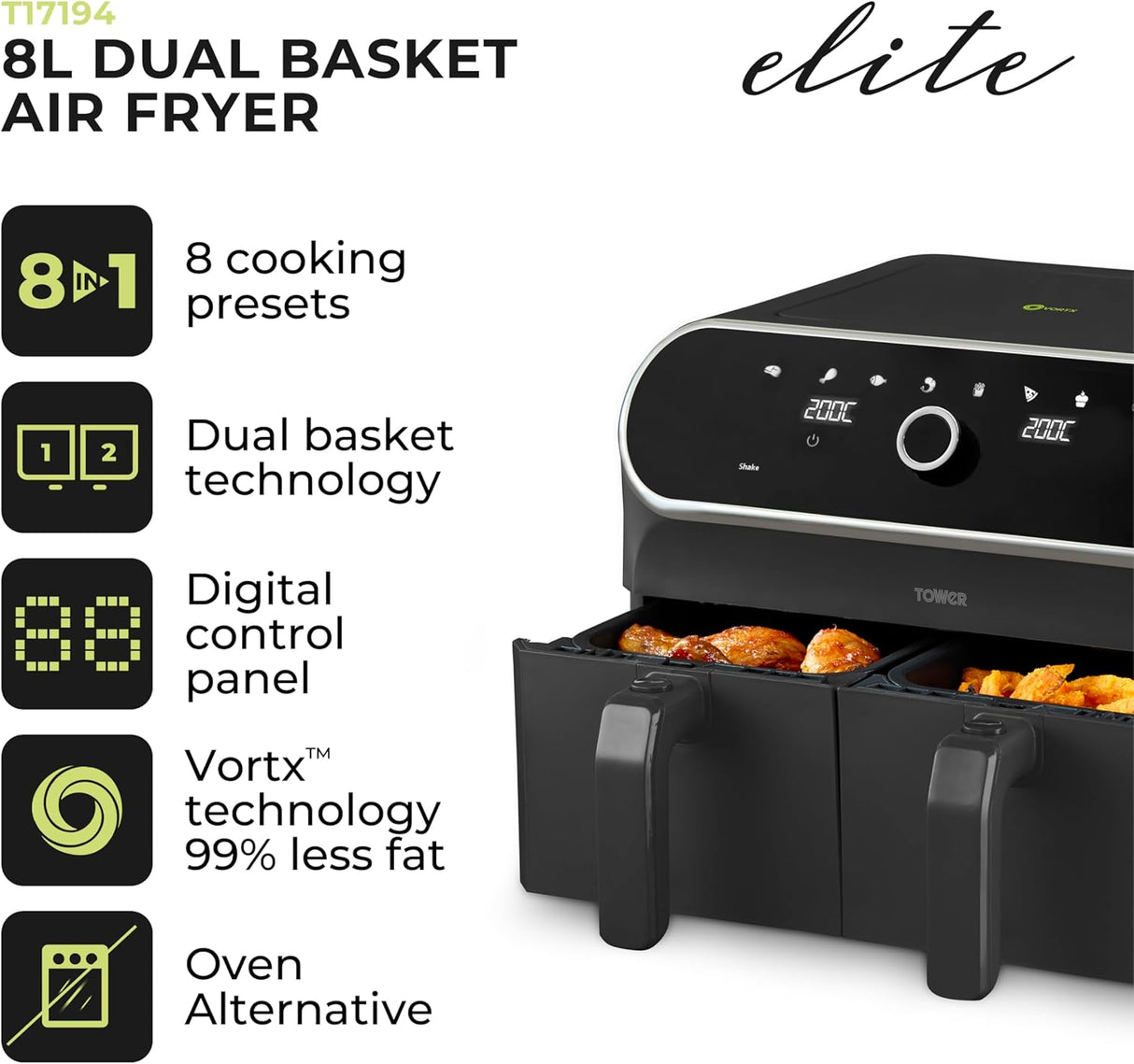 Tower Vortx Elite T17194 8.0L Dual Basket Digital Air Fryer Black