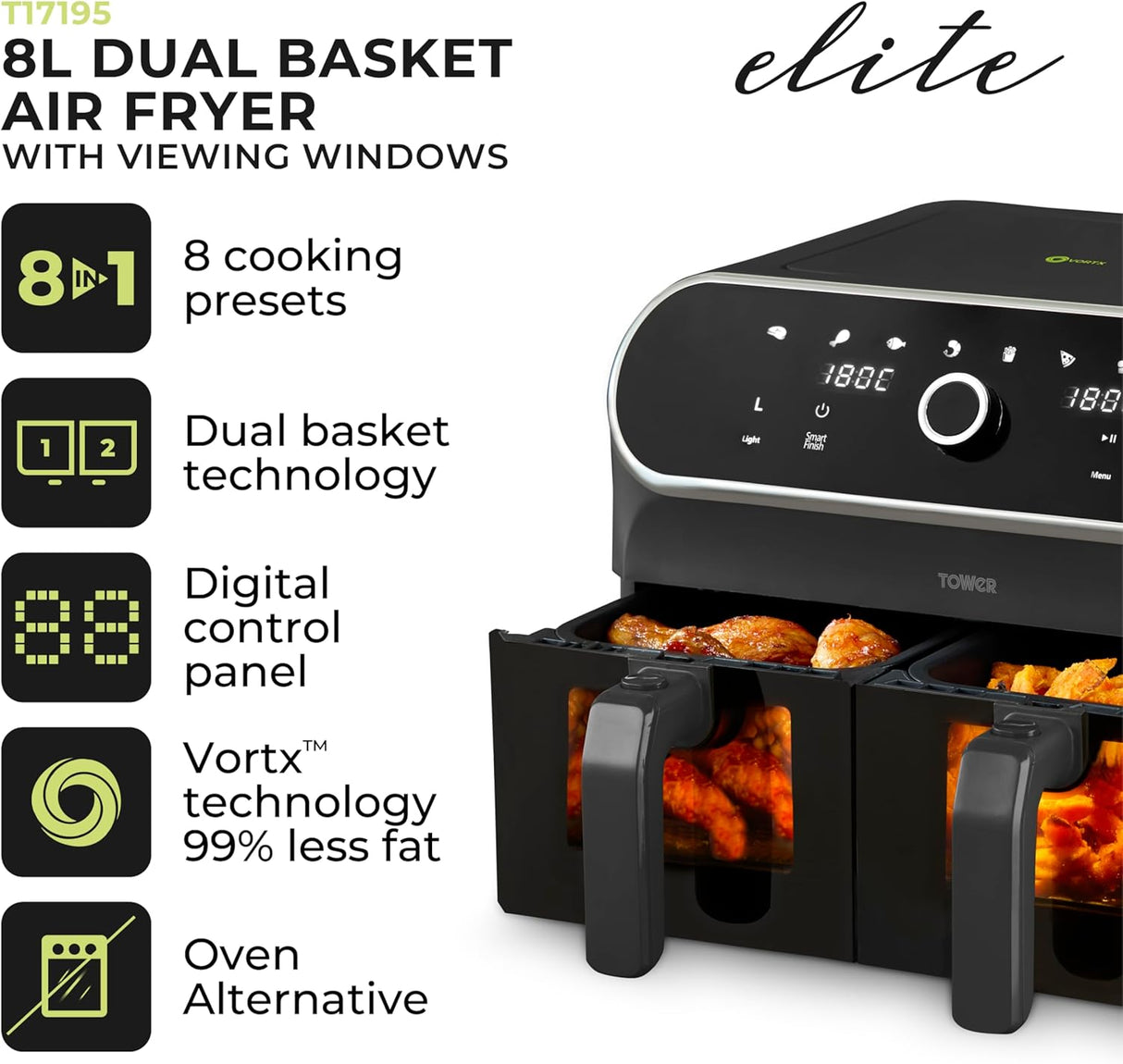 Tower Vortx Elite T17195 8.0L Dual Basket Digital Air Fryer Black