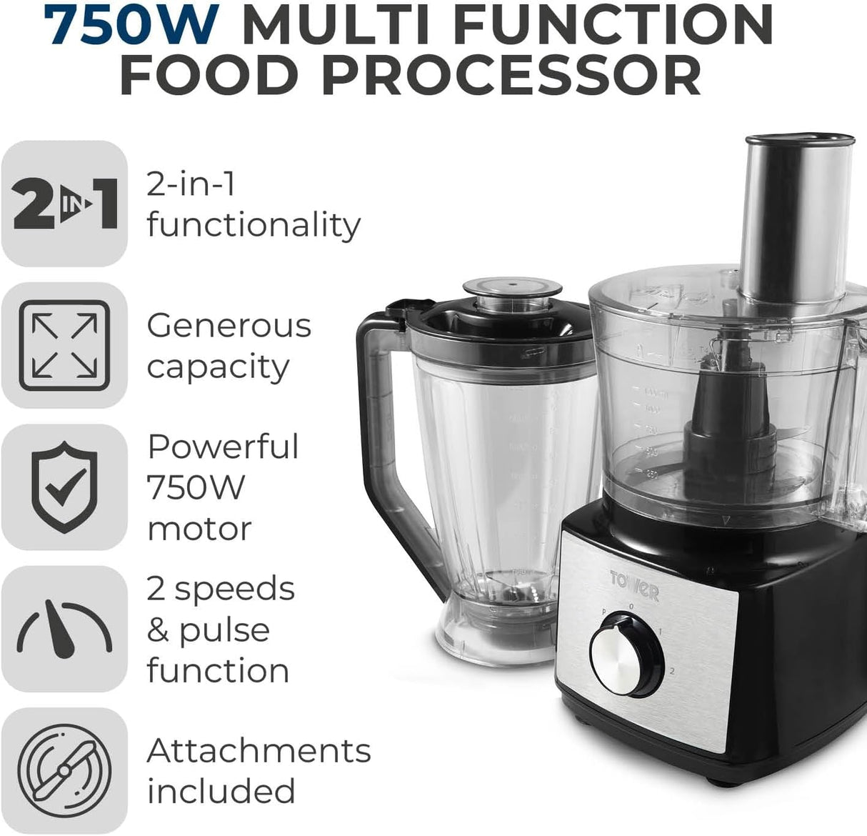 Tower T18008BLK 750W Food Processor Black