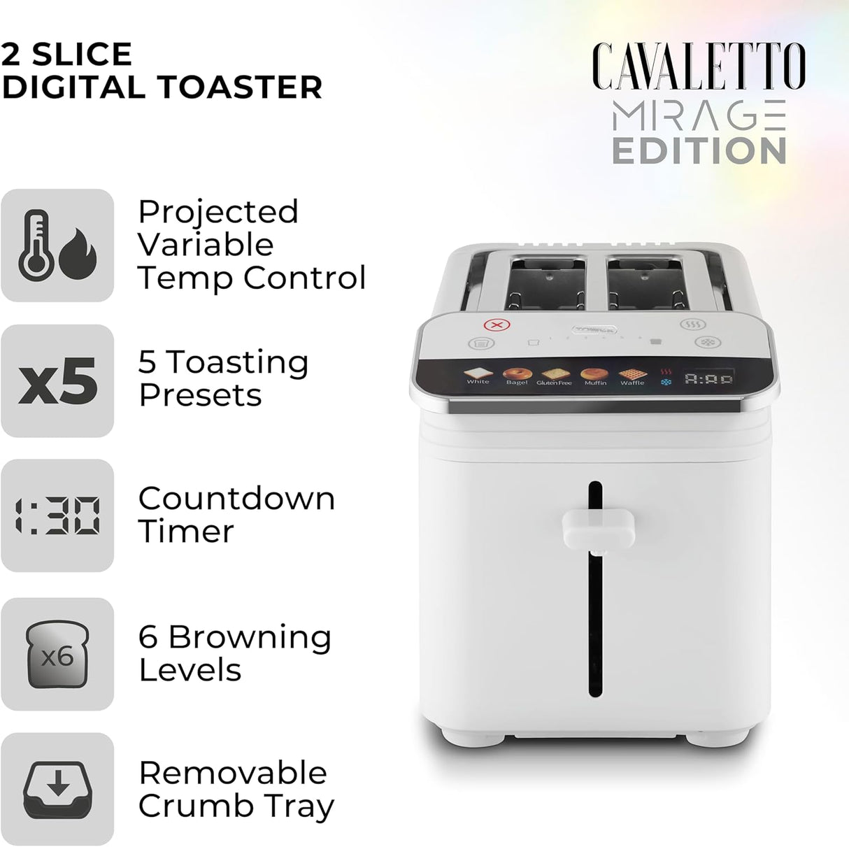 Tower Mirage T20096WHT 925W 2-Slice Digital Toaster White