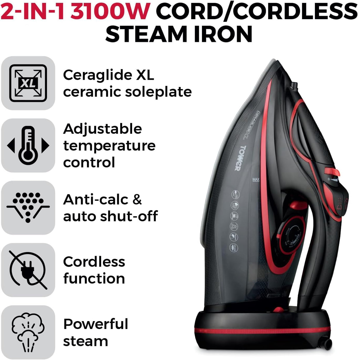Tower T22035RED CeraGlide XL 3100W Corded/Cordless Steam Iron