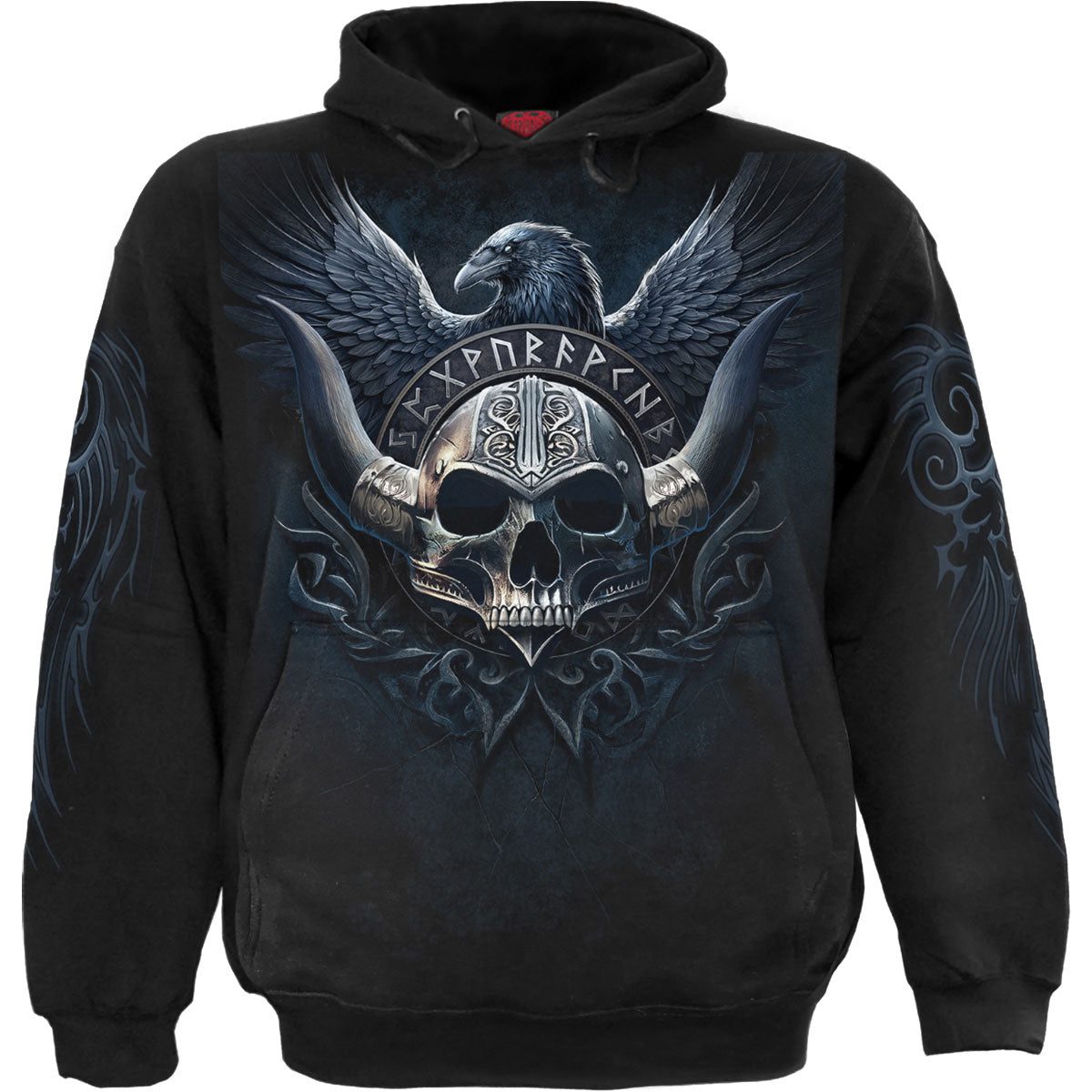 Spiral Unisex Pullover Hoodie Odin's Warrior (Back & Sleeve Print) Black (S)