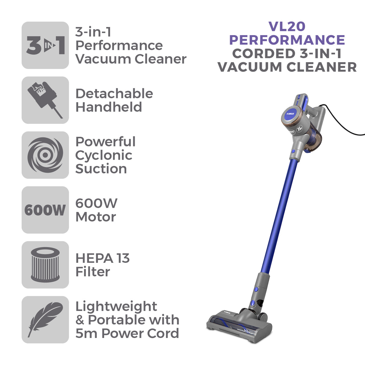 Tower VL20 Pets Corded Stick Vacuum Cleaner