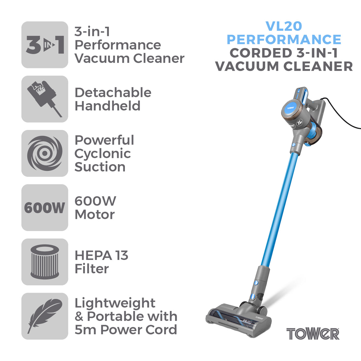 Tower VL20 Performance Corded Stick Vacuum Cleaner