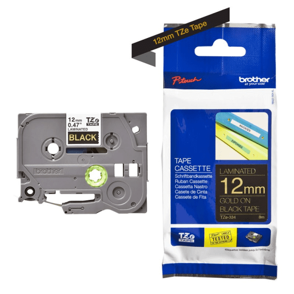 Brother TZE-334 PTouch Label Tape Glossy Gold on Black 12mm x 8m