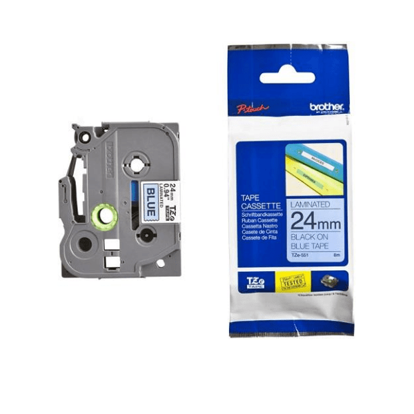 Brother TZE-551 PTouch Label Tape Glossy Black on Blue 24mm x 8m