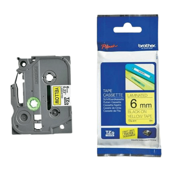 Brother TZE-611 PTouch Label Tape Black on Yellow 6mm x 8m
