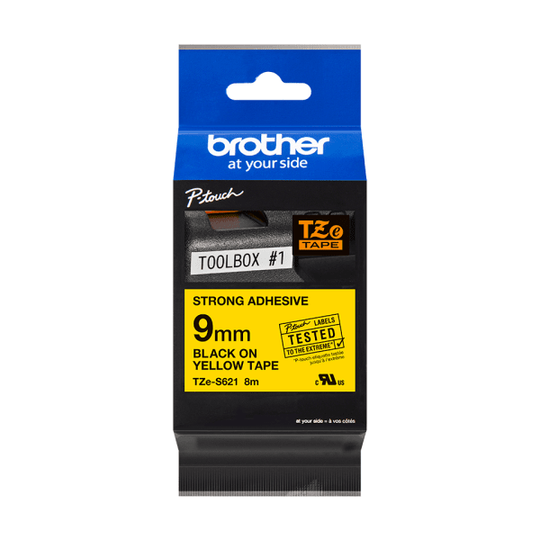 Brother TZE-S621 PTouch Label Tape Strong Adhesive Black on Yellow 9mm x 8m