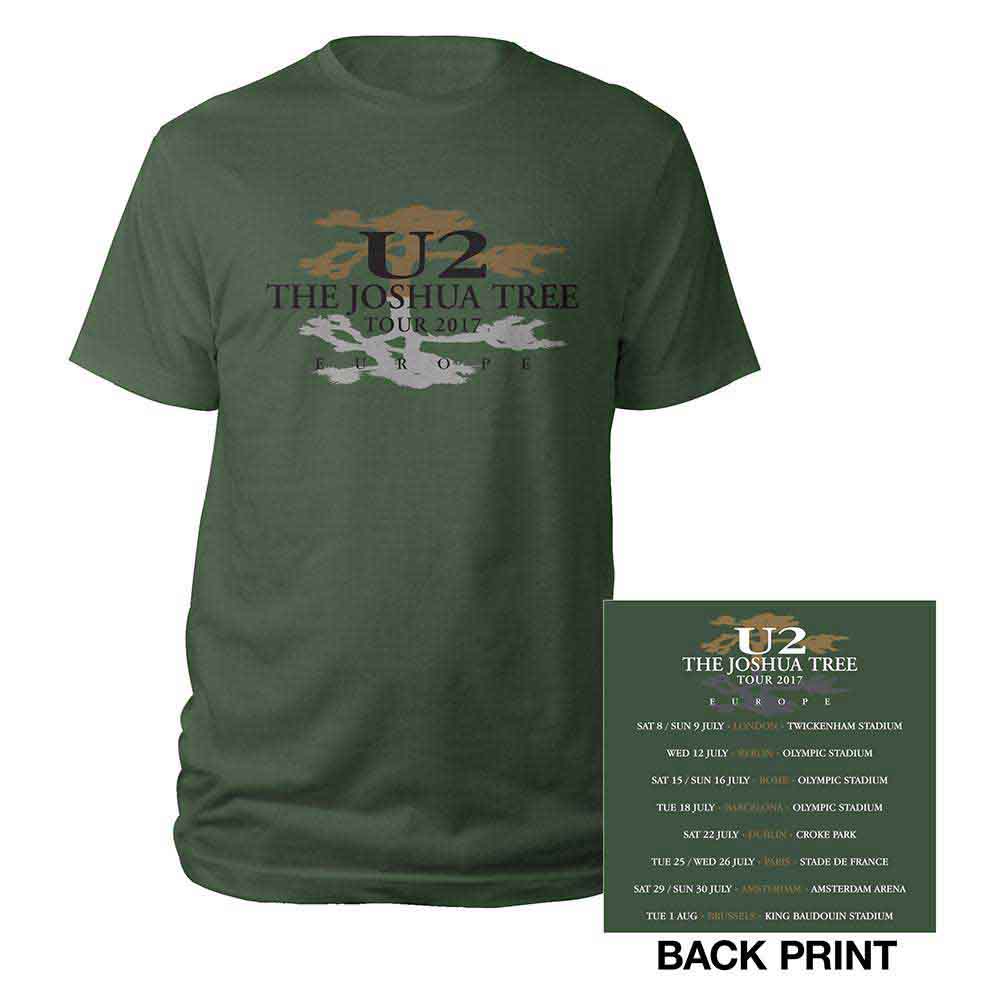 U2 Unisex T-Shirt Joshua Tree Logo 2017 (Back Print) Green (S)