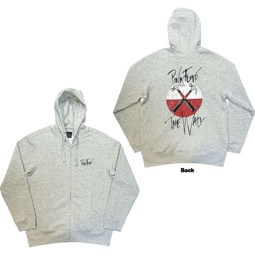 Pink Floyd Unisex Zipped Hoodie The Wall Faded Hammers Logo Grey (S)
