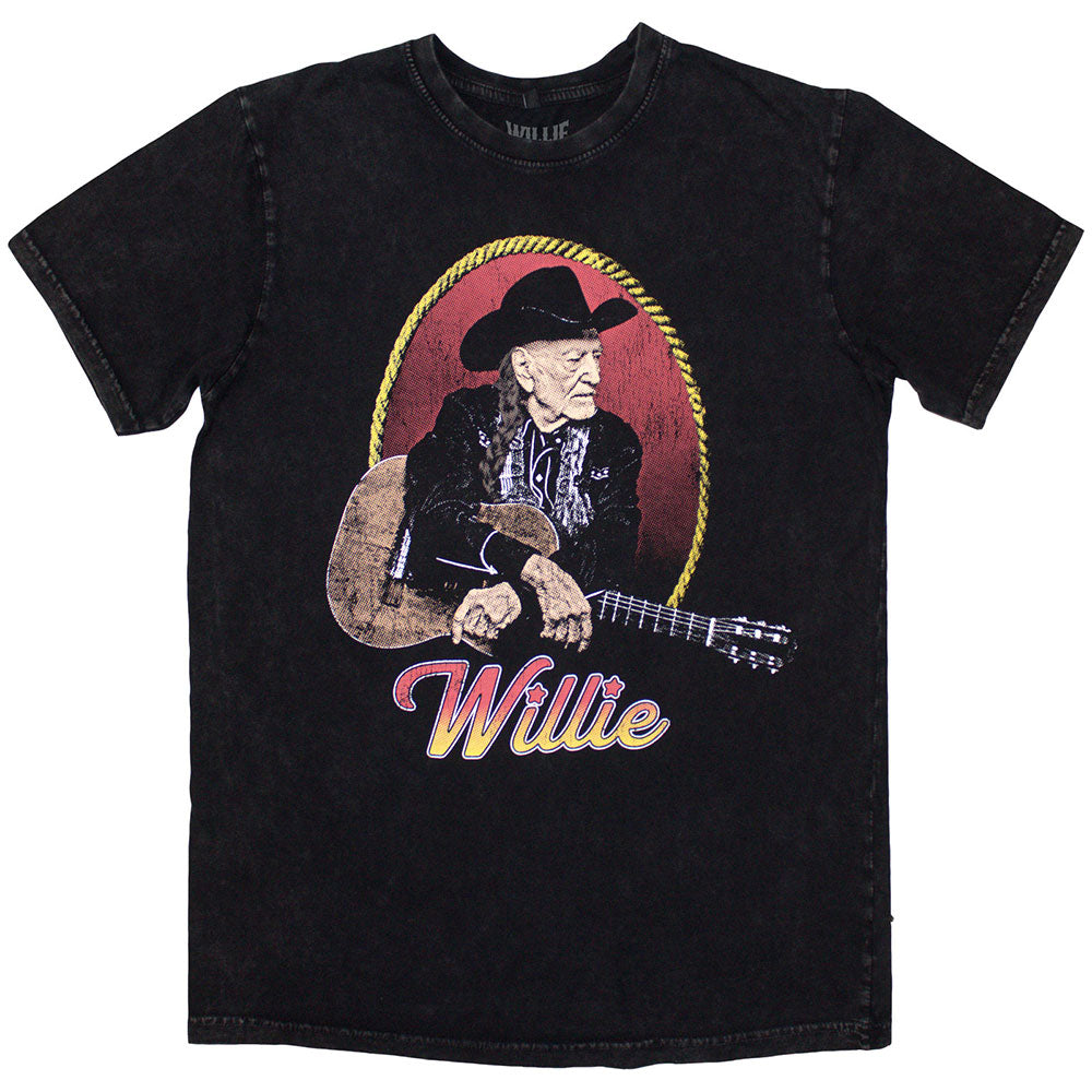 Willie Nelson Unisex Stone Wash T-Shirt Lasso Portrait Black (XL)