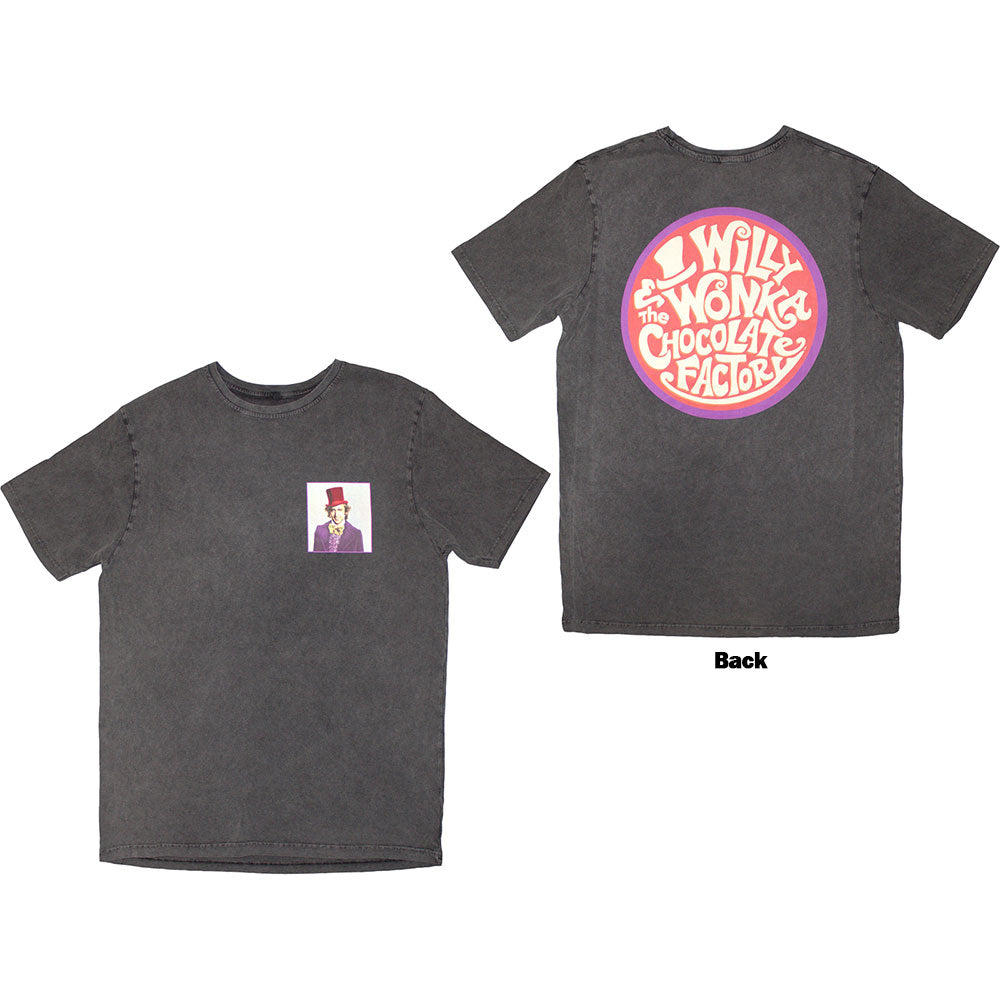 Willy Wonka Unisex Stone Wash T-Shirt Logo Emblem Back Print Charcoal Grey (M)