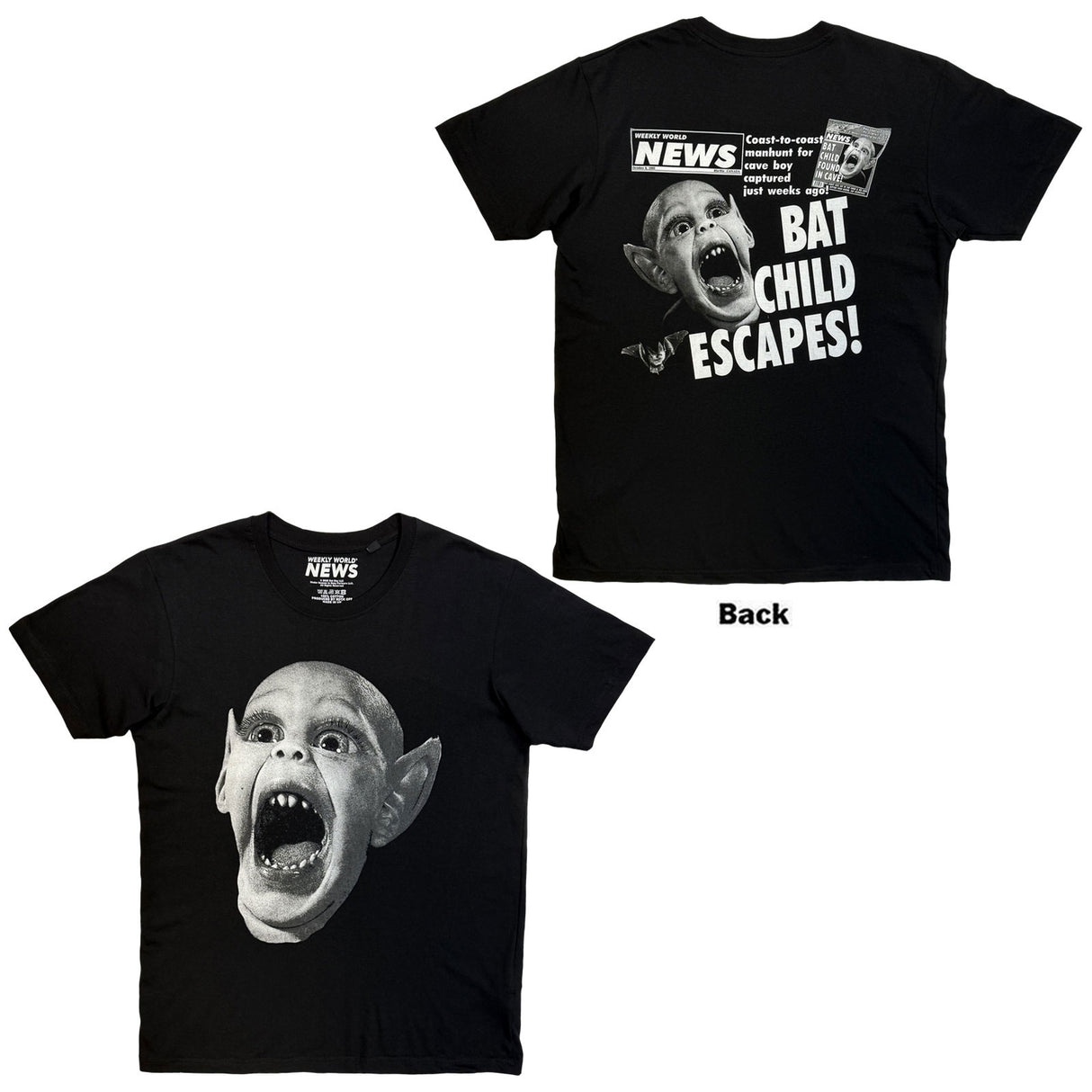 Weekly World News Unisex T-Shirt Jumbo Bat Boy (Back Print) Black (S)