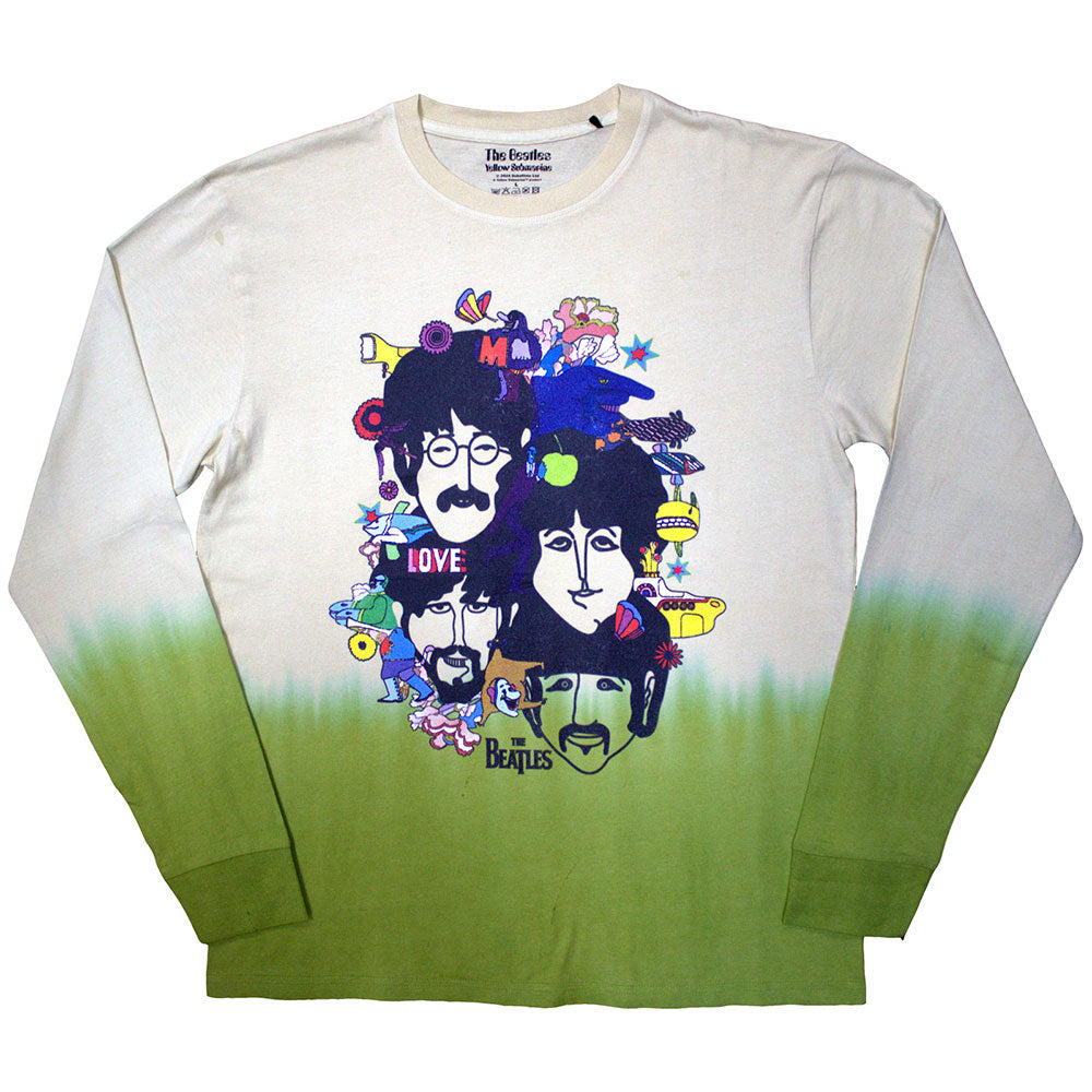 The Beatles Unisex Long Sleeve T-Shirt Yellow Submarine Heads (Back) Yellow (S)
