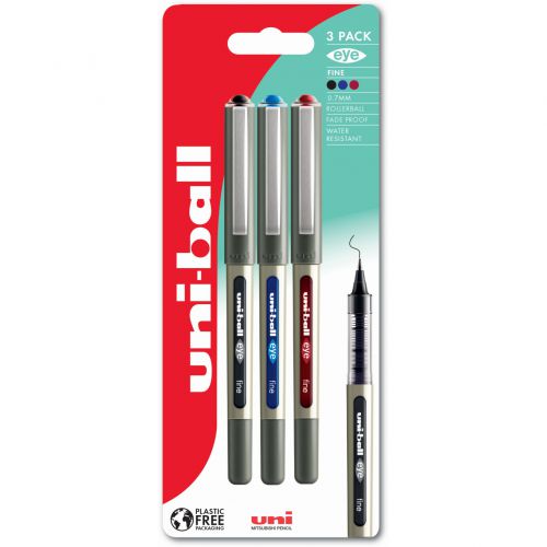 Uni-ball EYE Fine Rollerball Pen 0.7mm Black/Blue/Red (3pk)
