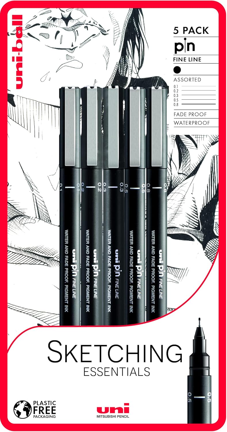 Uni-Ball PIN Sketching Essentials Fine Line Pen 0.1mm/0.2mm/0.3mm/0.5mm/0.8mm (5pk)