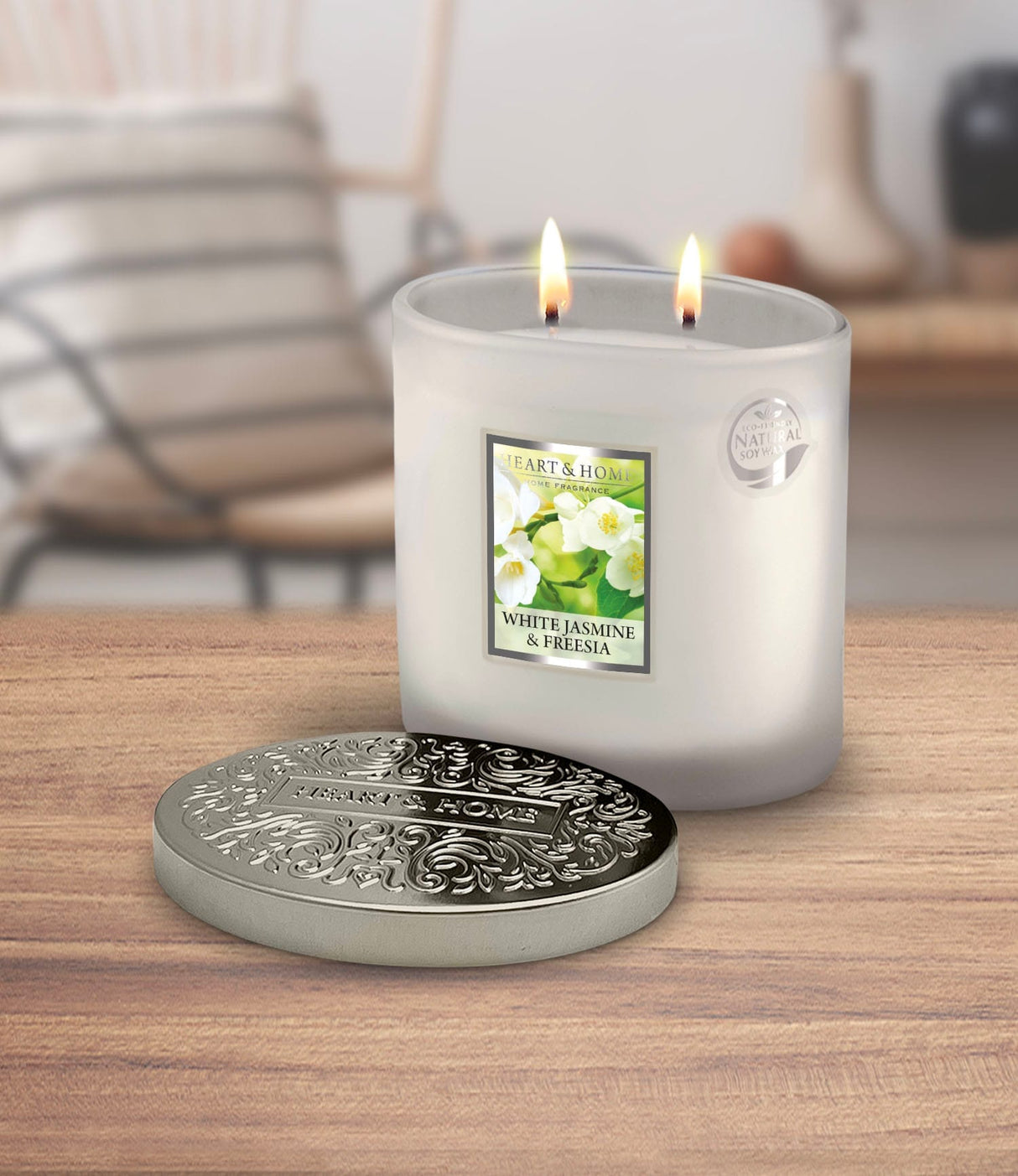 Heart & Home White Jasmine & Freesia  Twin Wick Ellipse Soy Candle - 40 Hours Burn