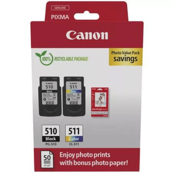 Canon PG-510/CL-511 1 x Black & 1 x Colour Standard Ink Cartridge + A6 Photo Paper Multipack