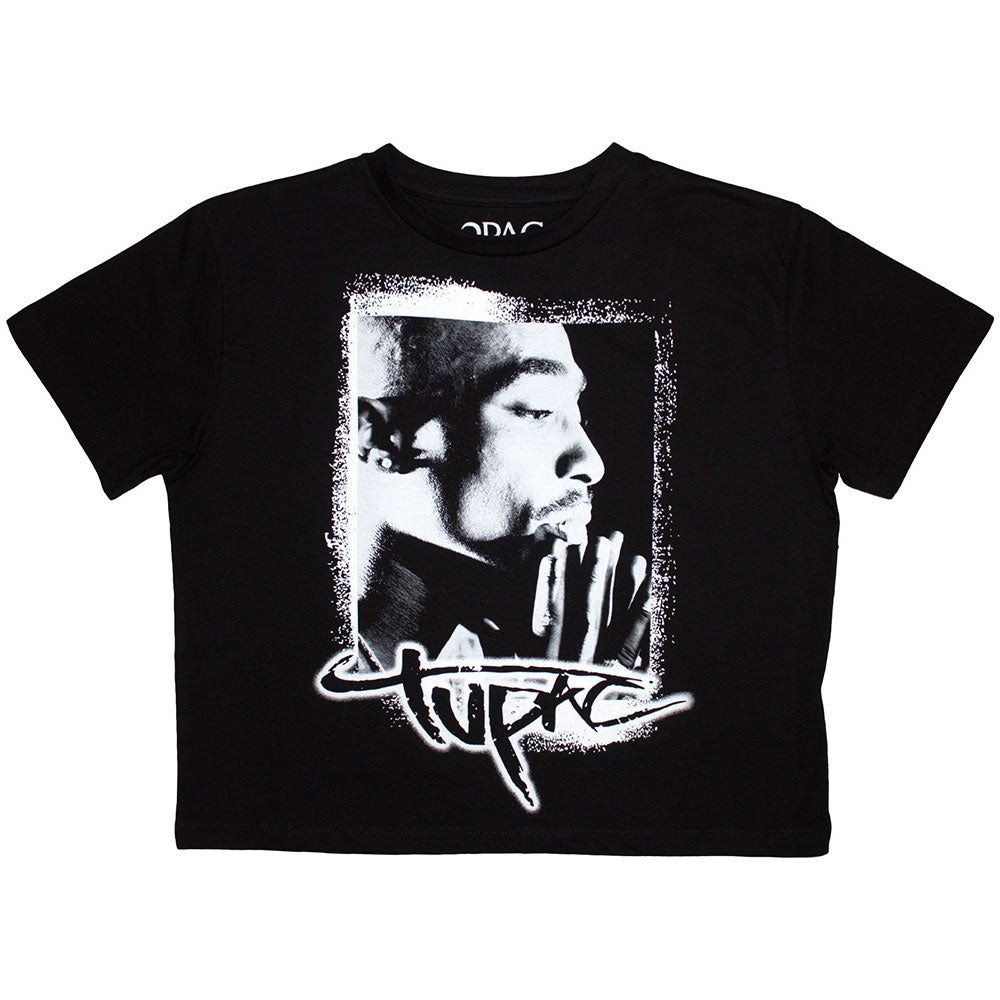 Tupac Ladies Crop Top Spray Photo Black (XS)