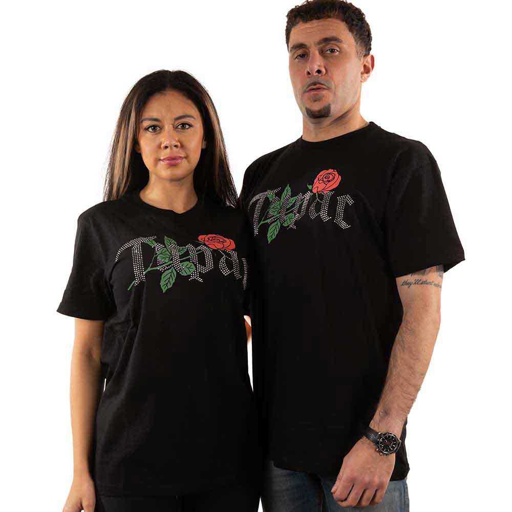 Tupac Unisex T-Shirt Rose Logo (Diamante) Black (L)