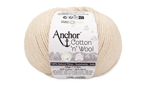 Anchor Cotton 'n' Wool Crochet/Knitting Yarn 4 Ply 50g Ball - Pearl (0105)