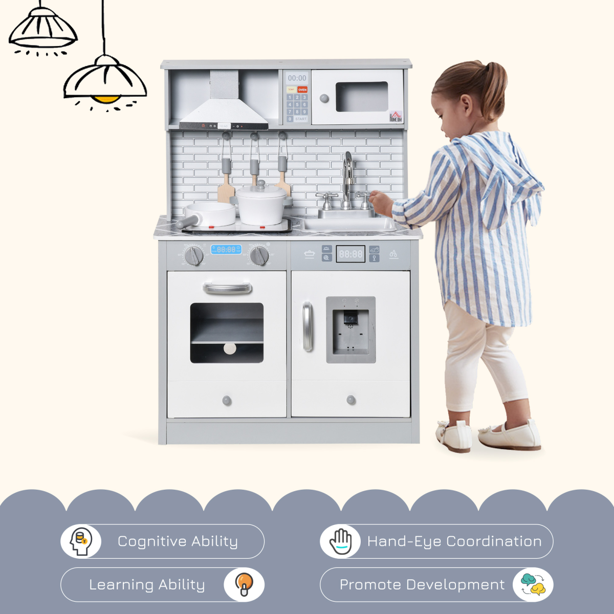 Kids Wooden Toy Kitchen Pretend Play Cooking Playset for 3-6 Years Old