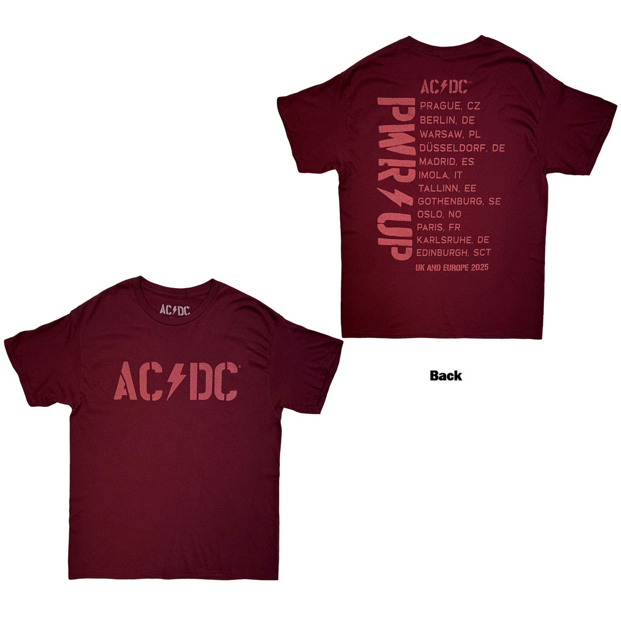 AC/DC Unisex T-Shirt Logo EU Tour '25 (Back Print & Ex-Tour) Maroon Red (S)