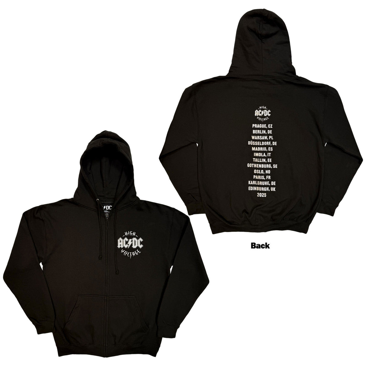 AC/DC Unisex Zipped Hoodie Silver High Voltage EU Tour '25 (Back) Black (XXL)