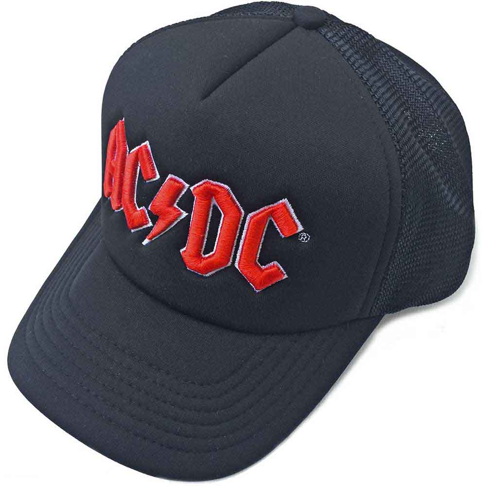 AC/DC Mens Baseball Cap: Red Logo (Mesh Back) Black
