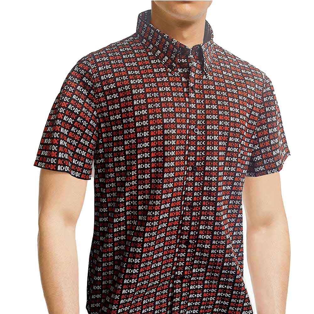 AC/DC Unisex Casual Shirt Short Sleeves Black with Repeated Red/White Logo (L)