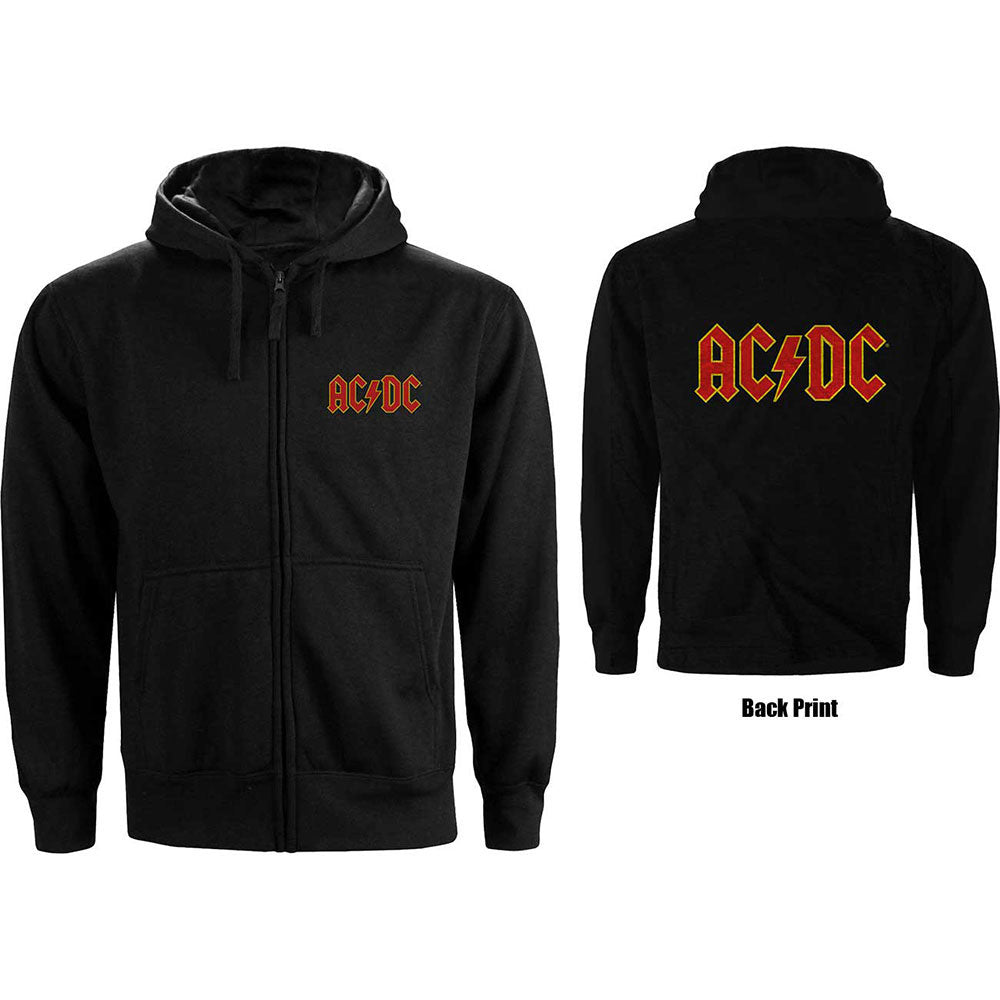 AC/DC Unisex Zipped Hoodie: Logo (Back Print) Black (L)