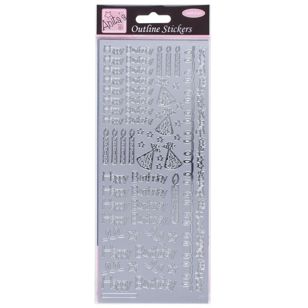 Anita's Outline Stickers - Happy Birthday Silver