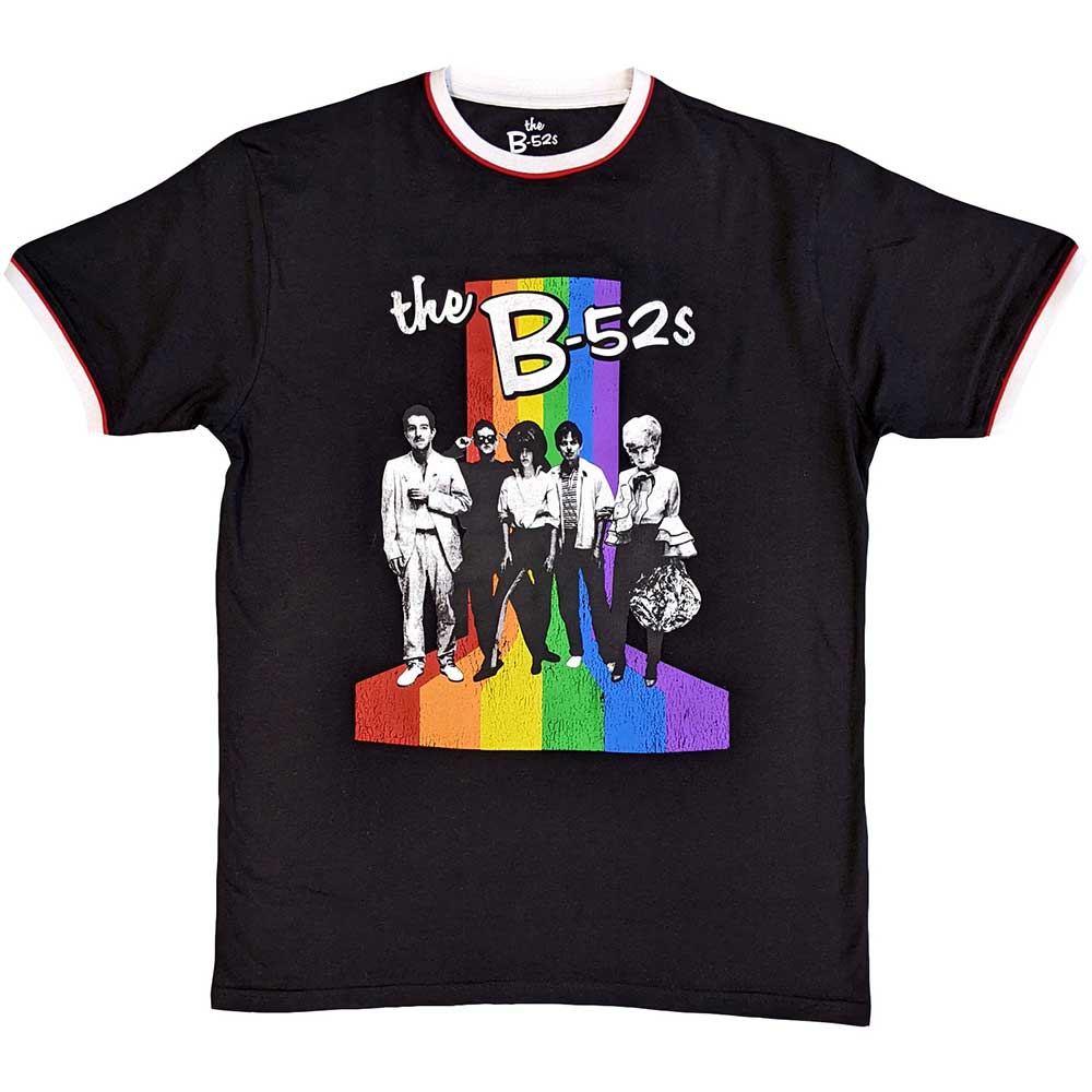 B52s Unisex Ringer T-Shirt Rainbow Stripes Ringer Black (M)