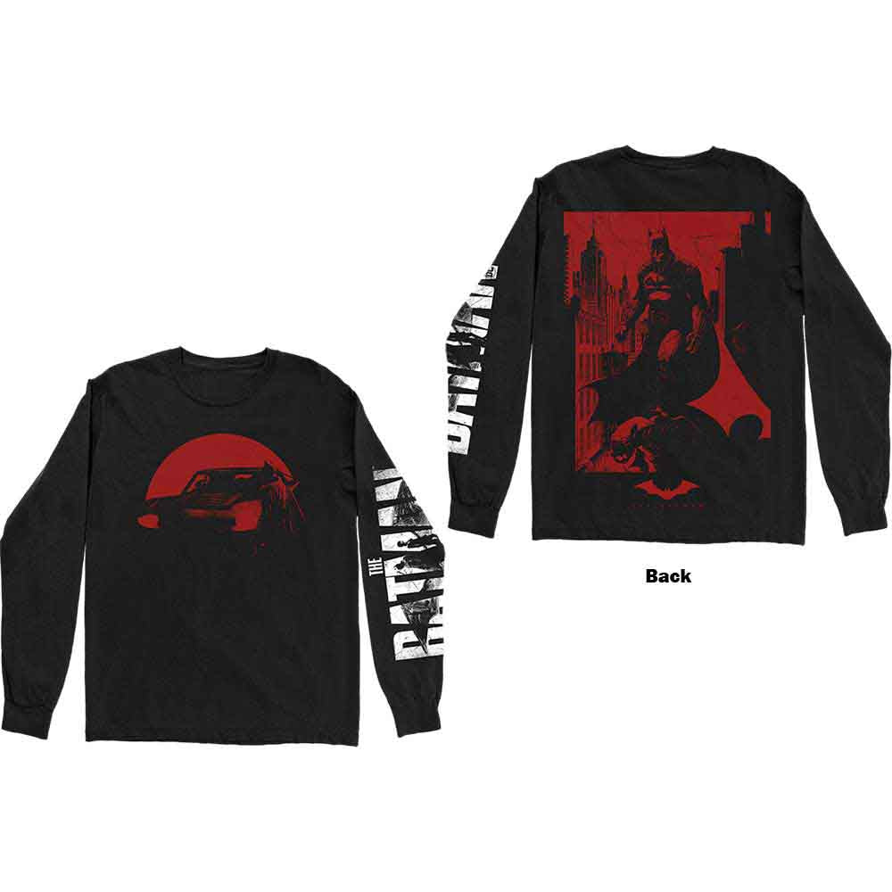 DC Comics Unisex Long Sleeved T-Shirt The Batman Red Car & Figure Black (L)
