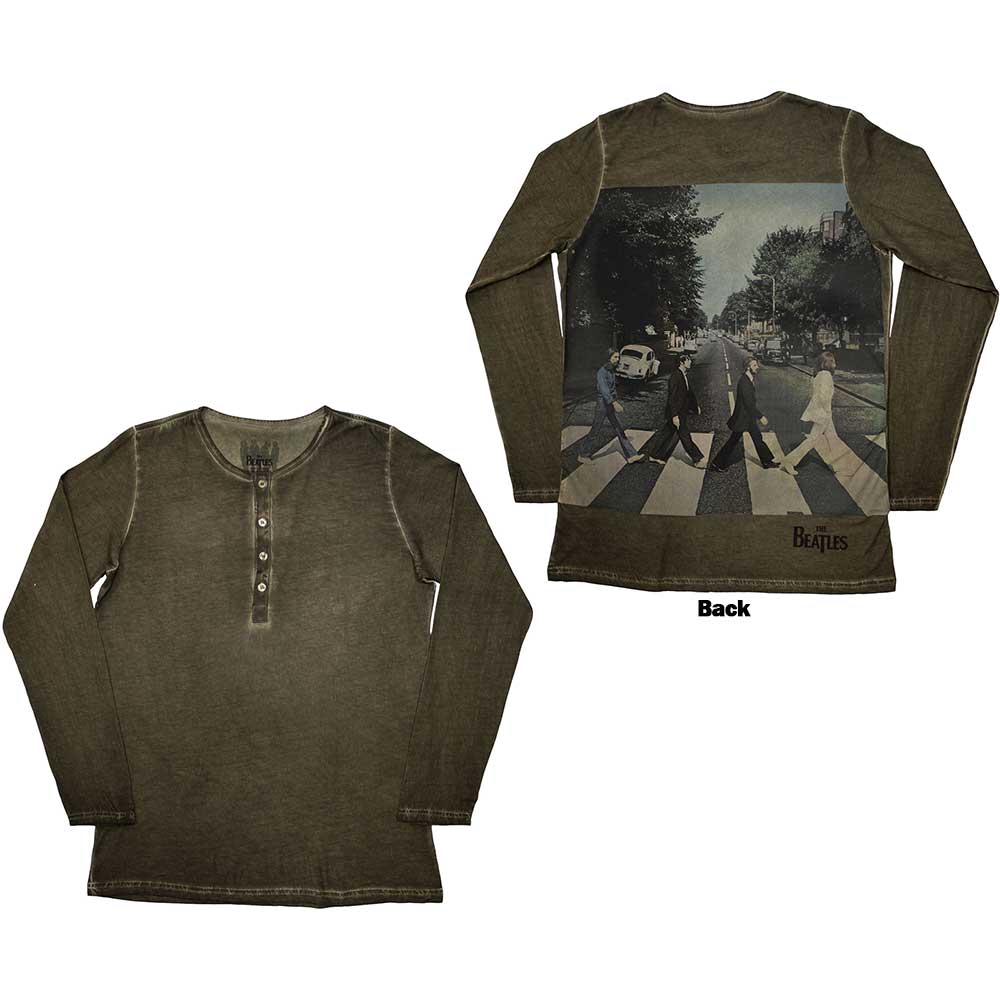 The Beatles Unisex Long Sleeve T-Shirt Abbey Road Stone Wash (Back) Green (L)