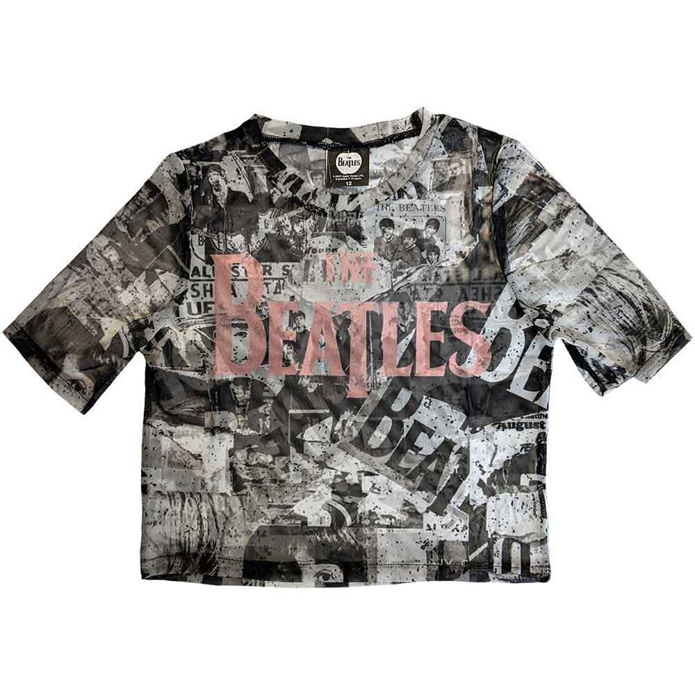 The Beatles Ladies Crop Top All Over Print & Drop T Logo (Mesh) White (XXS)