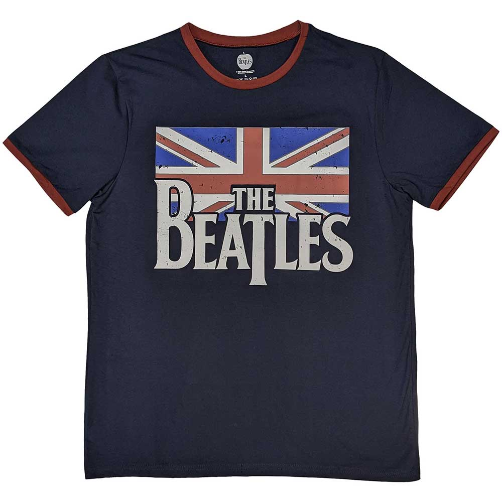 The Beatles Unisex Ringer T-Shirt Drop T Logo & Vintage Flag Blue (M)