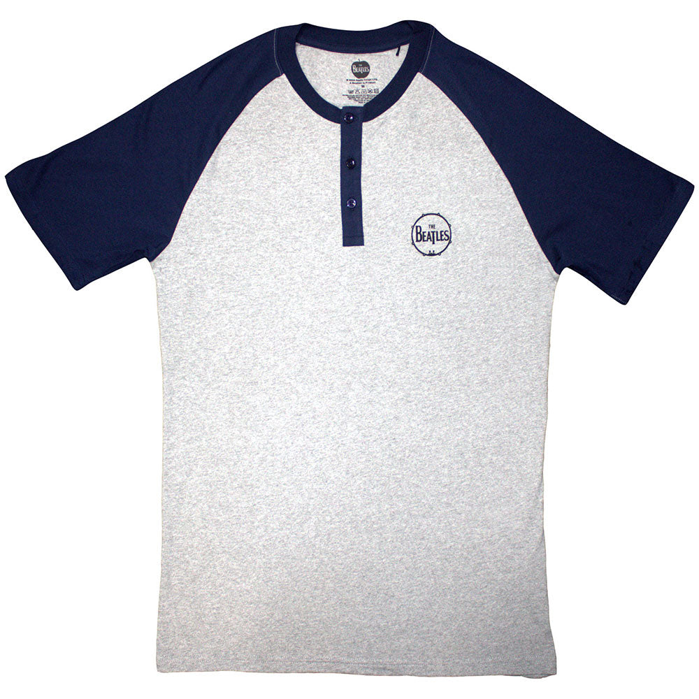 The Beatles Unisex Raglan T-Shirt Mini Drum Logo (3 Button Collar) Grey/Blue (XXL)