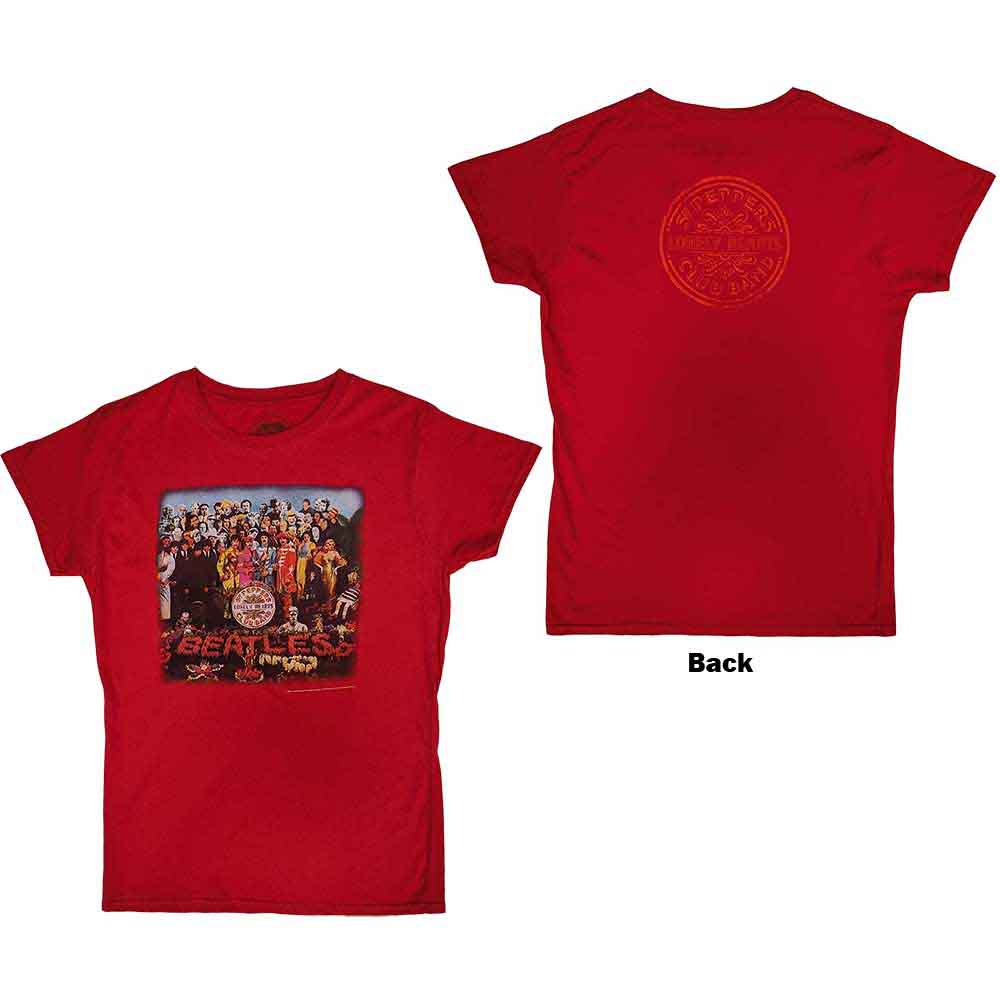 The Beatles Ladies Premium T-Shirt Sgt Pepper (Back Print) Scarlet Red (M)