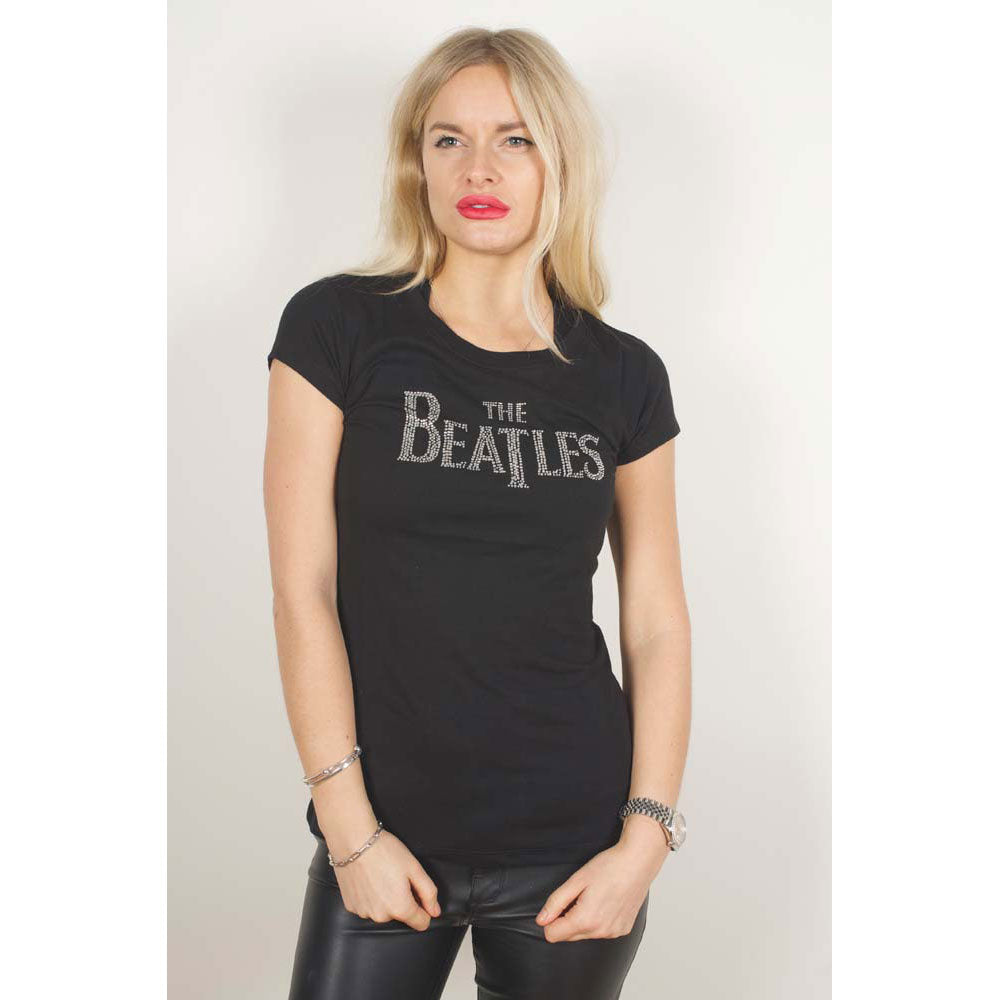 The Beatles Ladies Fashion T-Shirt Drop T Logo Rhinestone Application Black (XXL)