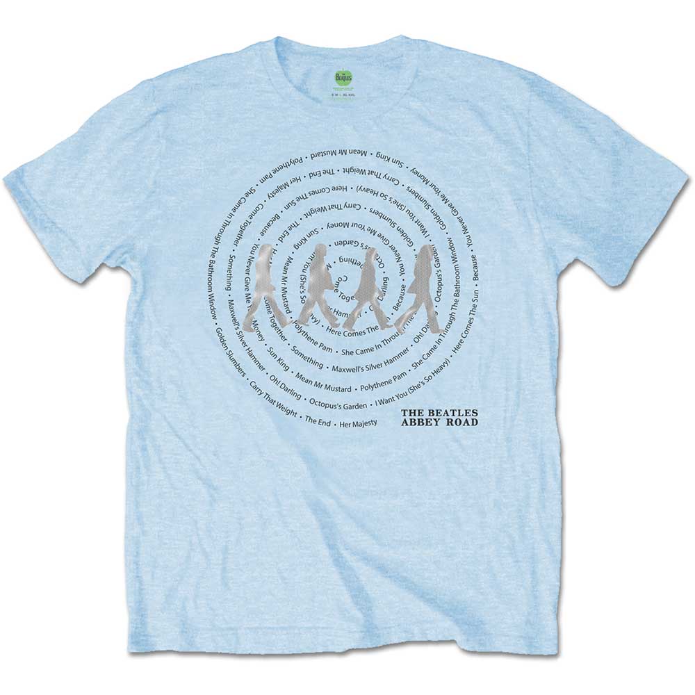 The Beatles Mens T-Shirt Abbey Road Songs Swirl Light Blue (XXL)