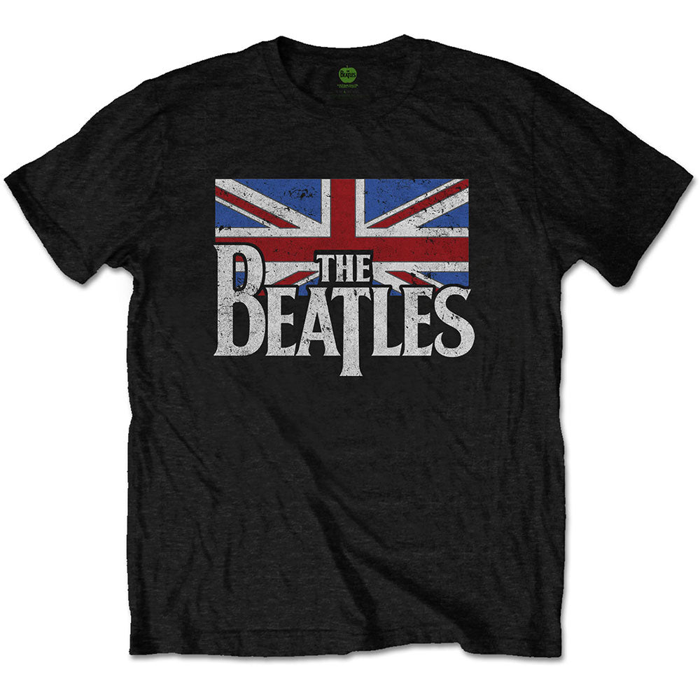 The Beatles Unisex T-Shirt Drop T Logo & Vintage Flag Black (M)