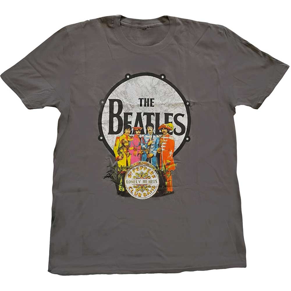 The Beatles Unisex T-Shirt Sgt Pepper & Drum Charcoal Grey (M)