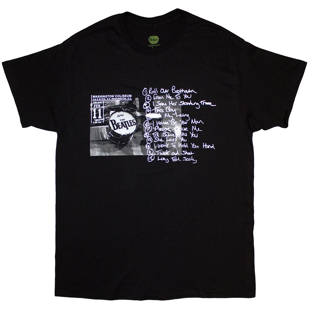 The Beatles Unisex T-Shirt Washington 64 Drum Photo & Setlist Black (S)