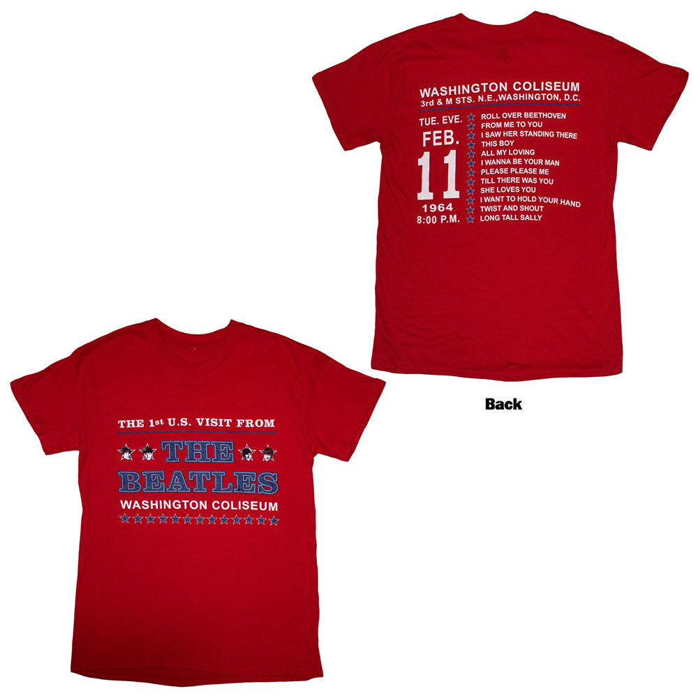 The Beatles Unisex T-Shirt Washington 64 Stars Setlist (Back Print) Red (M)