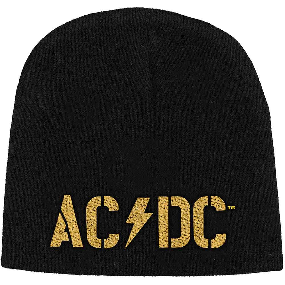 AC/DC Unisex Beanie Hat: Black with Gold PWR-UP Band Logo