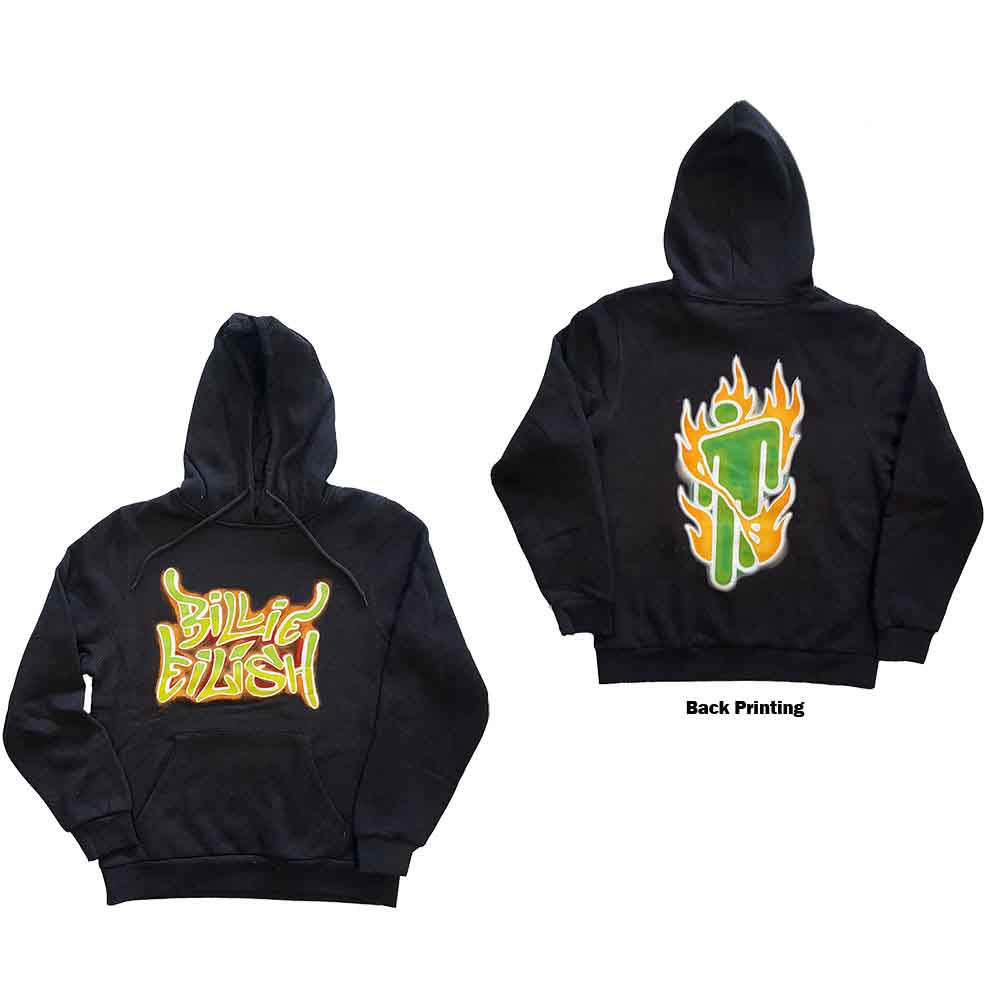 Billie Eilish Unisex Pullover Hoodie Airbrush Flames Blohsh (Back Print) Grey (M)